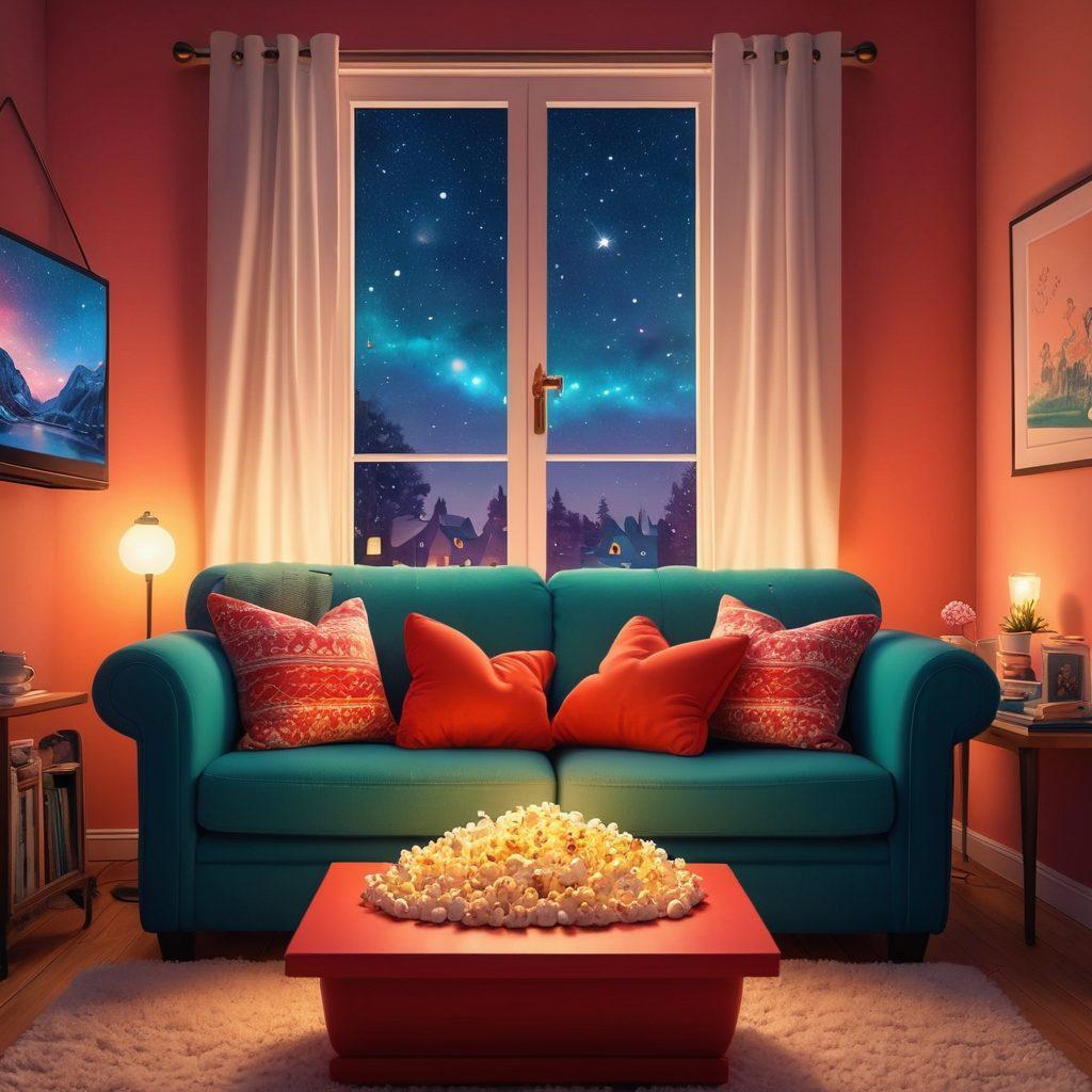 A whimsical, cozy living room scene with a couple cuddling on a small couch, sharing popcorn while watching a tiny TV showcasing vibrant romantic scenes. Warm ambient lighting and scattered snacks create a loving atmosphere. Include heart-shaped cushions and a window showing a starry night outside. cartoon style. bright colors. cozy details.