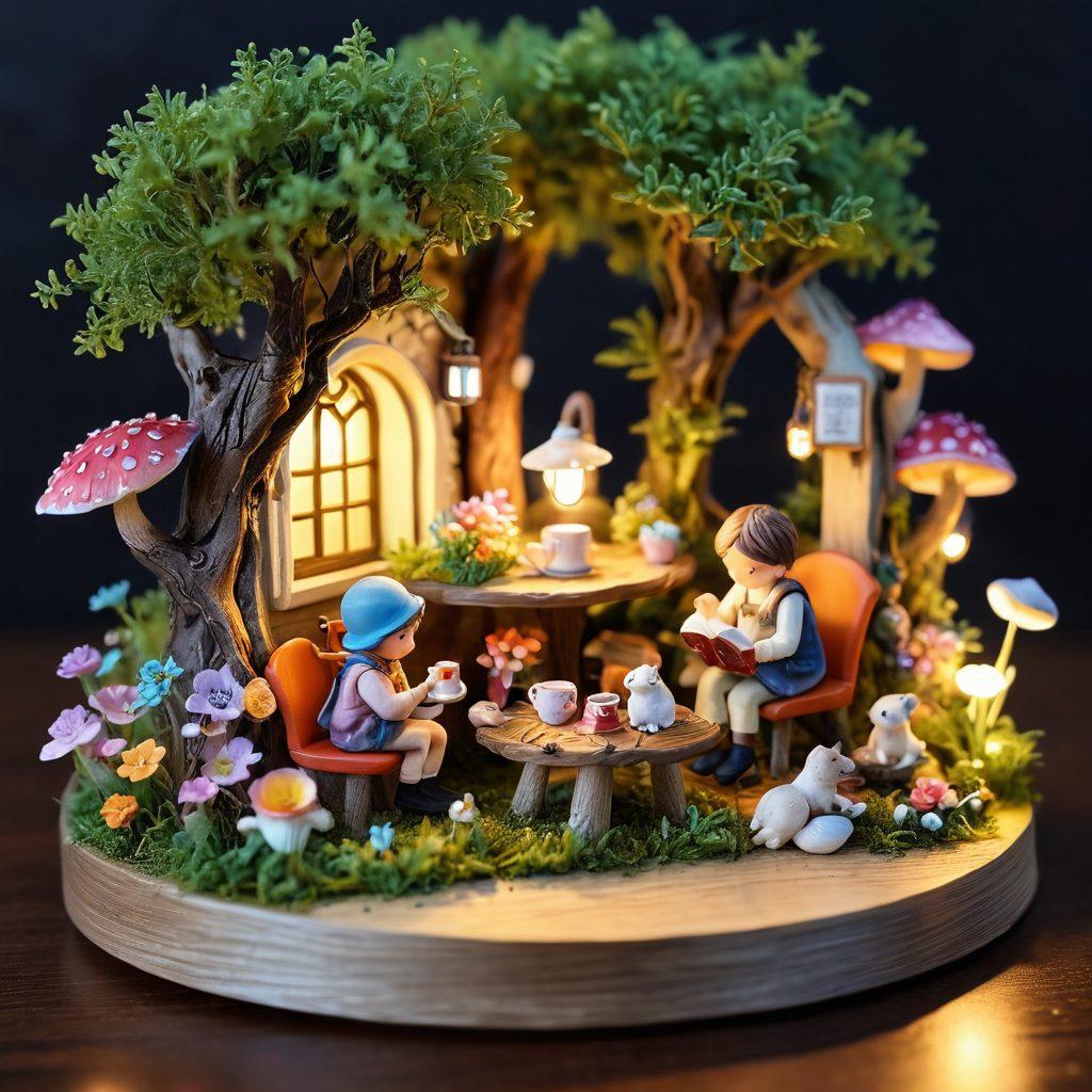 A whimsical collection of miniature scenes showcasing tiny characters engaged in heartfelt activities, such as sharing a tiny cup of tea, playing with small pets, and enjoying a book under a mushroom. The background features a vibrant garden filled with colorful flowers and soft, glowing lights. The overall mood is warm and enchanting, inviting the viewer to explore the small joys of life. vibrant colors. detailed illustration. whimsical style.