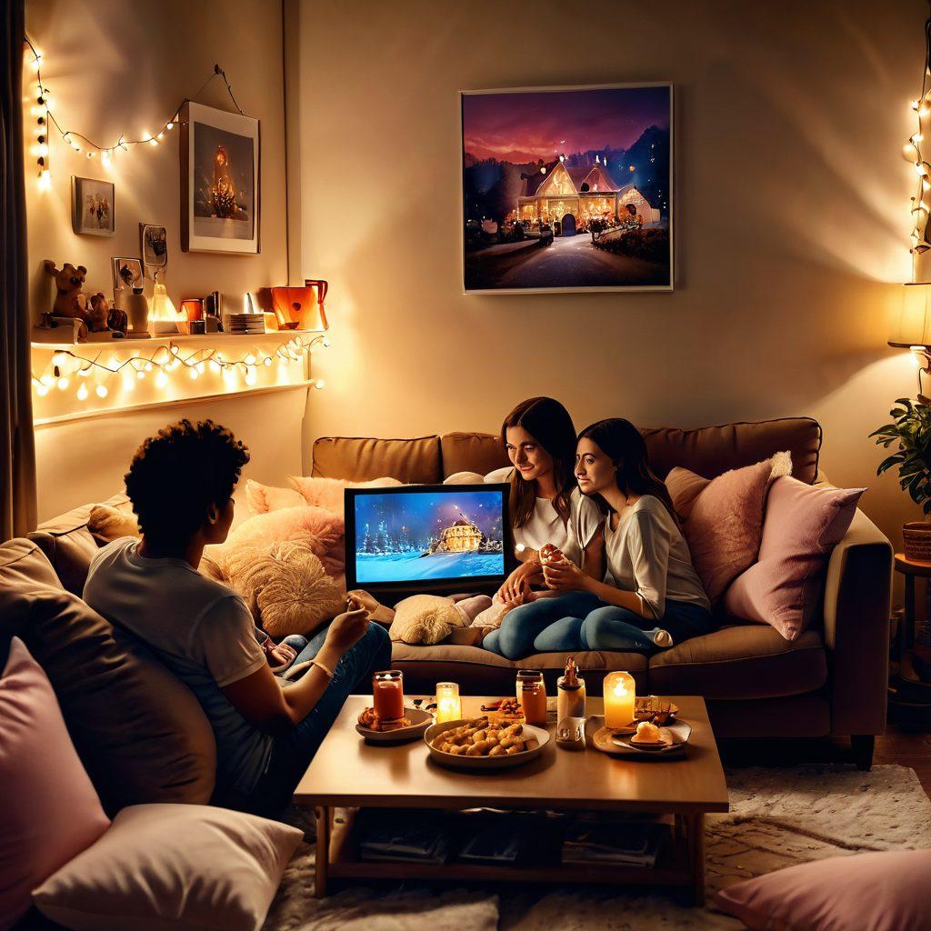 A cozy living room scene with a couple snuggled on a couch, surrounded by snacks and pillows, gazing at a TV screen that displays romantic scenes from various mini shows. Soft fairy lights enhance the romantic atmosphere, while a warm glow casts cozy shadows. Decor elements like love-themed posters and plush toys add a whimsical touch. super-realistic. warm colors. soft lighting.